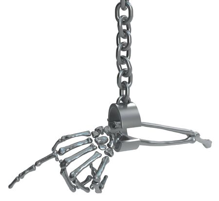 Skeleton arm pointing hanging from metal shackle, isolated, 3d illustration, horizontal, over whiteの写真素材