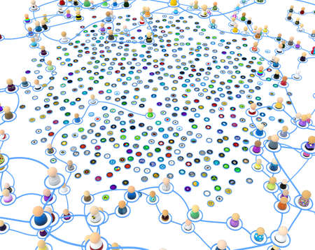Crowd of small symbolic 3d figures linked by lines, software icon buttons many, over white, horizontalの写真素材
