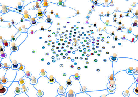 Crowd of small symbolic 3d figures linked by lines, software icon buttons, over white, horizontalの写真素材