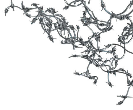 Barbed wire one corner, grey metal 3d illustration, isolated, horizontal, over whiteの写真素材