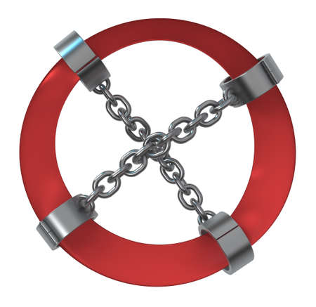 Red tape shackles ring cross ban sign, chain metal 3d illustration, isolated, horizontal, over whiteの写真素材