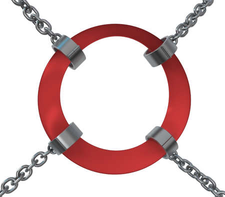 Red tape shackles ring holding sign, chain metal 3d illustration, isolated, horizontal, over whiteの写真素材