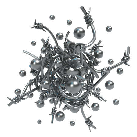 Barbed wire ball shape bunch shiny small spheres, grey metal 3d illustration, isolated, horizontal, over whiteの写真素材