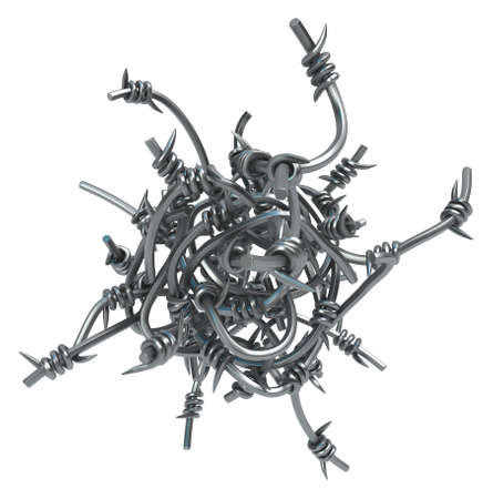 Barbed wire ball shape bunch, grey metal 3d illustration, isolated, horizontal, over whiteの写真素材