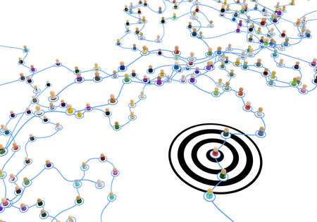 Crowd of small symbolic 3d figures linked by lines, complex layered system, bullseye black, over white, horizontalの写真素材