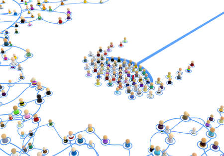 Crowd of small symbolic 3d figures linked by lines, arc push, complex layered system, over white, horizontalの写真素材