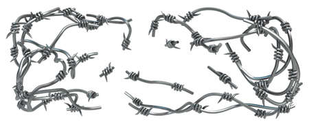 Barbed wire long break bunch, grey metal 3d illustration, isolated, horizontal, over whiteの写真素材