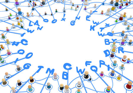 Crowd of small symbolic 3d figures linked by lines, complex layered system, text assemble, over white, horizontalの写真素材