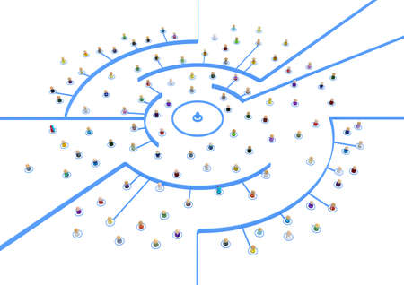 Crowd of small symbolic 3d figures linked by lines, arc hold, complex layered system, over white, horizontalの写真素材