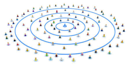 Crowd of small symbolic 3d figures linked, complex layered system, concentric circle connections, over white, horizontal, isolatedの写真素材
