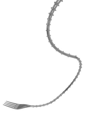 Fork metal long spiky reach bent, 3d illustration, vertical, isolated, over whiteの写真素材