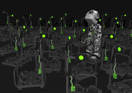 Screen robot figure character with empty stands dark storage, 3d illustration, horizontalの写真素材