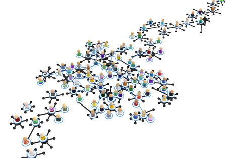Crowd of small symbolic 3d figures linked by lines, complex layered system, nodes dark, over white, horizontal, isolatedの写真素材
