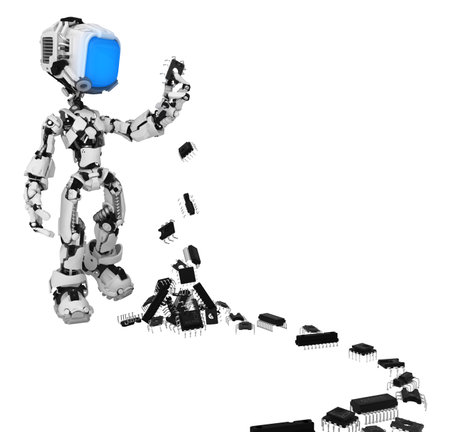 Screen robot figure character pose with microchip bit elements, 3d illustration, horizontal, isolatedの写真素材