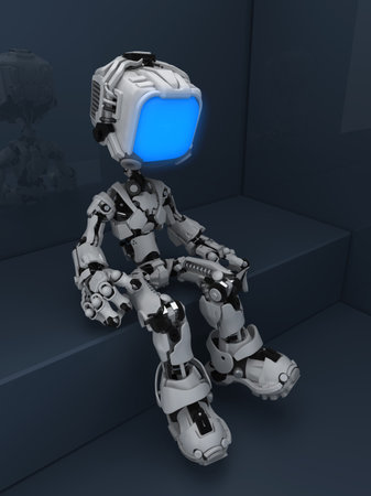 Screen robot figure character pose sitting with dark corner background, 3d illustration, verticalの写真素材