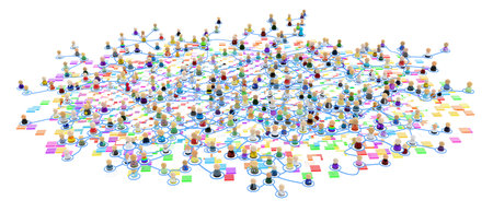 Crowd of small symbolic 3d figures linked by lines, complex layered system, color bits squares, over white, horizontal, isolatedの写真素材