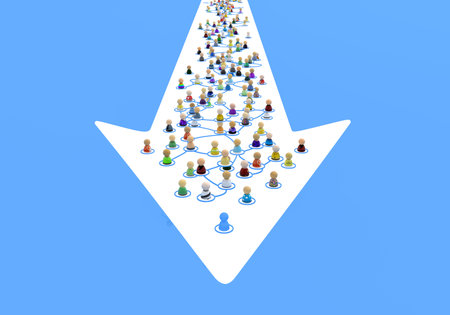 Crowd of small symbolic 3d figures linked by lines, complex layered system inside white arrow on blue background, horizontalの写真素材
