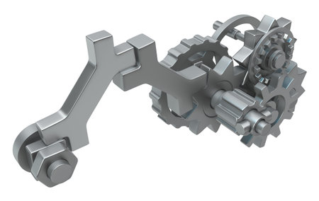 Gear mechanism bone metal 3d illustration, isolated, over white, horizontalの写真素材