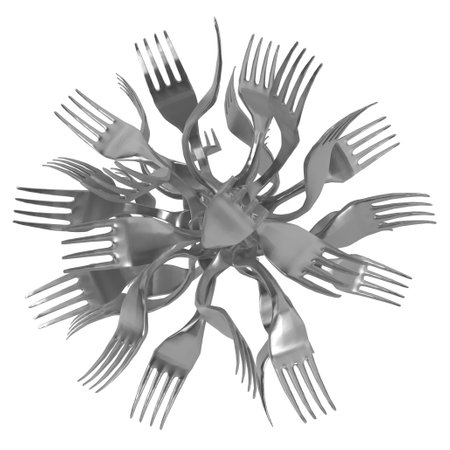 Fork metal ball shape meld, 3d illustration, horizontal, isolated, over whiteの写真素材