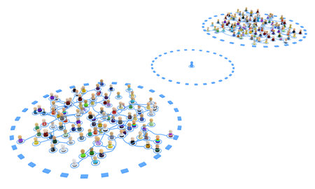 Crowd of small symbolic 3d figures linked by lines, complex layered system dotted circles, over white, horizontal, isolatedの写真素材