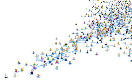 Crowd of small symbolic 3d figures linked by lines, complex layered system far split, over white, horizontalの写真素材