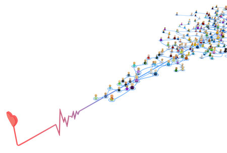 Crowd of small symbolic 3d figures linked by lines, complex layered system heartbeat, over white, horizontalの写真素材
