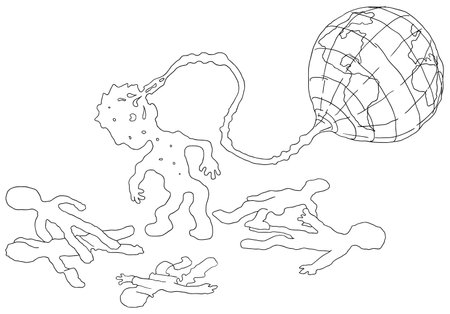 Global network people drained cartoon line drawing, vector, horizontal, black and whiteのイラスト素材