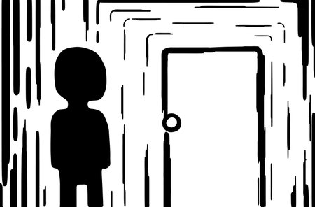 Visitor door ink cartoon drawing, vector, horizontal, black and whiteのイラスト素材