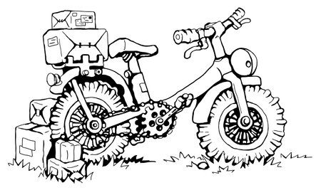 Sturdy delivery bicycle cartoon line drawing, vector, horizontal, black and white, isolatedのイラスト素材