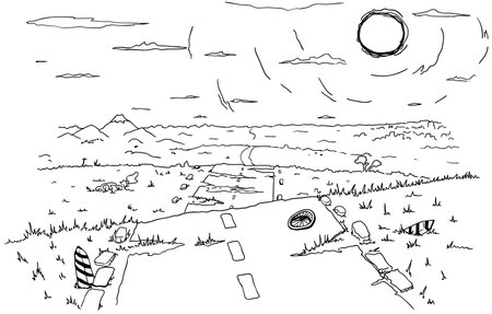 Old road landscape far view cartoon line drawing, vector, horizontal, black and whiteのイラスト素材
