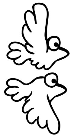 Tiny ink bird cartoon line drawing, vector, vertical, black and white, isolatedのイラスト素材