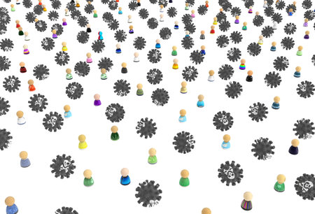 Crowd of small symbolic figures, mine field metaphor distance gaps between, 3d illustration, horizontal, over white, isolatedの写真素材