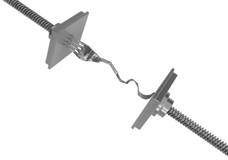 Fork metal press squeeze, 3d illustration, horizontal, isolated, over whiteの写真素材