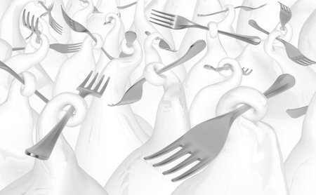 Fork metal propped surreal abstract many, 3d illustration, horizontalの写真素材