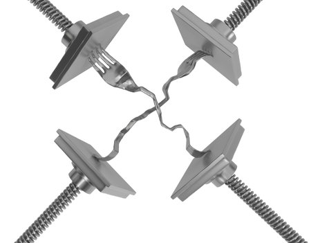 Forks metal press squeeze, 3d illustration, horizontal, isolated, over whiteの写真素材