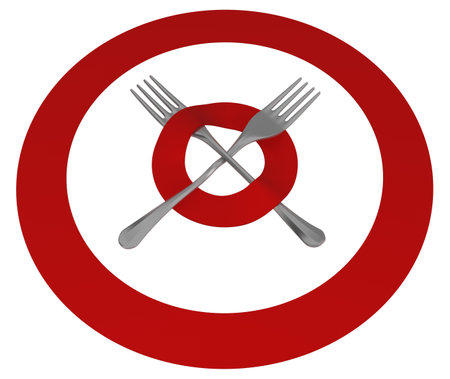 Fork metal crossed under target, 3d illustration, horizontal, isolated, over whiteの写真素材