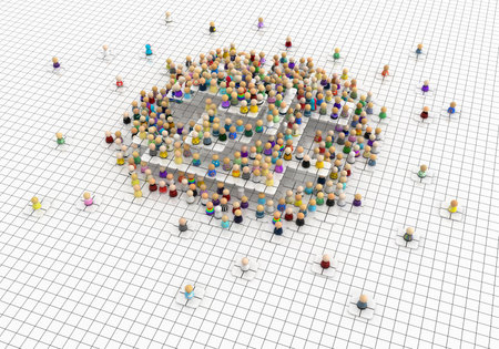 Crowd of small symbolic figures planning lines grid layout layers, 3d illustration, horizontalの写真素材