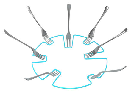 Fork metal line circle nudge, 3d illustration, horizontal, isolated, over whiteの写真素材