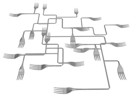 Fork metal complex intersecting system abstract, 3d illustration, horizontal, isolated, over whiteの写真素材