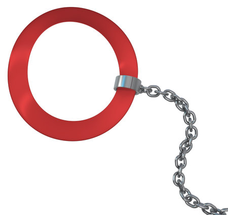 Red tape shackles ring holding tethered, chain metal 3d illustration, isolated, horizontal, over whiteの写真素材