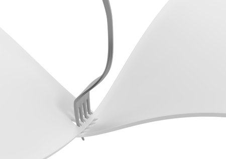 Fork metal pinning two white surfaces together, 3d illustration, horizontal, isolated, over whiteの写真素材