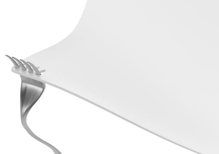 Fork metal pulling pierced white surface, 3d illustration, horizontal, isolatedの写真素材
