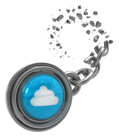 Cloud token button breaking chain metal 3d illustration, isolated, vertical, over whiteの写真素材