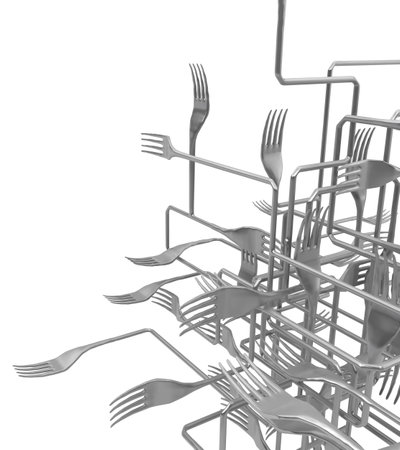 Fork metal complex intersecting system structure abstract, 3d illustration, vertical, isolated, over whiteの写真素材