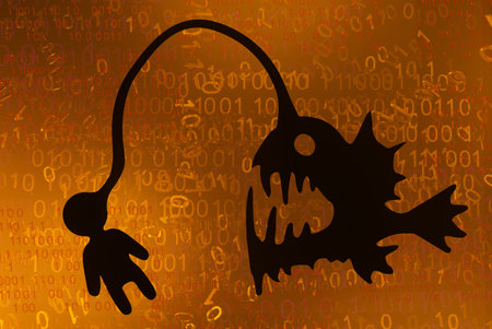Anglerfish malware shadow, orange color, cyberspace virtual reality abstract 3d illustration, horizontalの写真素材