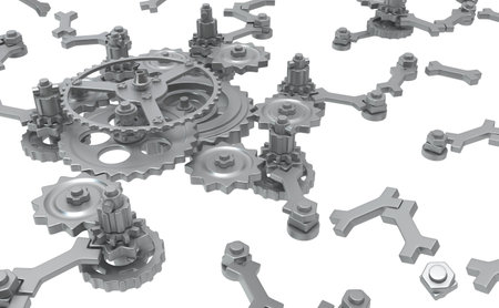 Gear mechanism bone metal complex 3d illustration, isolated, over white, horizontalの写真素材