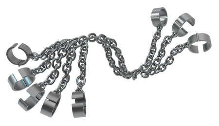 Shackles chain array bunch spread grey metal 3d illustration, isolated, horizontal, over whiteの写真素材
