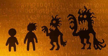 Identity corrupting shadow, orange color, cyberspace virtual reality abstract 3d illustration, horizontalの写真素材
