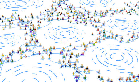 Crowd of small symbolic 3d figures linked by lines, complex layered system ripple gap spaces, over white, horizontalの写真素材