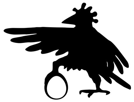 Chicken standing leaning on egg gesturing cartoon symbol silhouette stencil black, vector illustration, horizontal, isolatedのイラスト素材